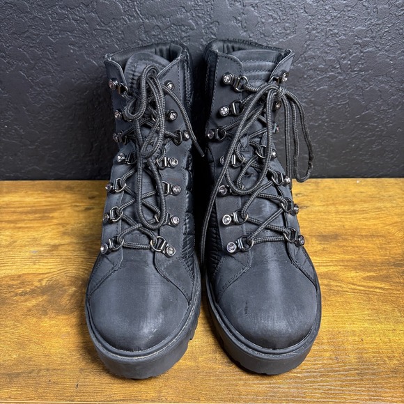 GUESS Gwortela Black Quilted Combat Boots Womens 9.5M Lug Sole Rhinestone Eyelet - Picture 2 of 7